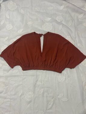 Rust Red V-Neck Crop Top with Elastic Hem